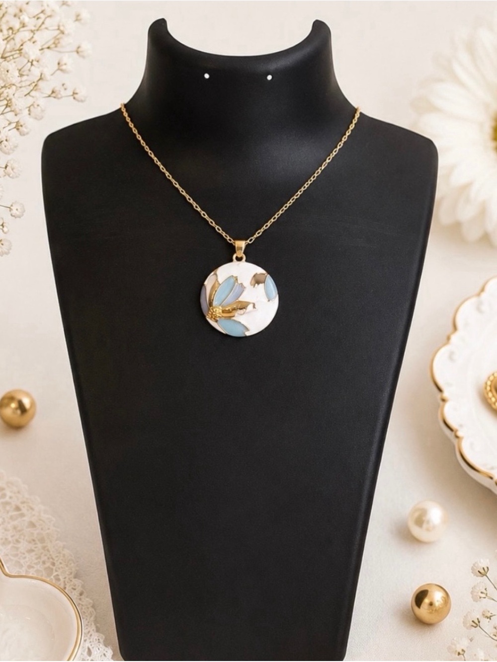 Blue, White and Gold Floral Enamel Design Pendant Necklace-Gold Hardware-NWOT